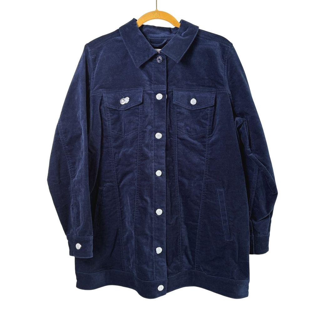 Denim & Co Velveteen Jacket Womens M Navy Blue Button Front Long Sleeve A623550